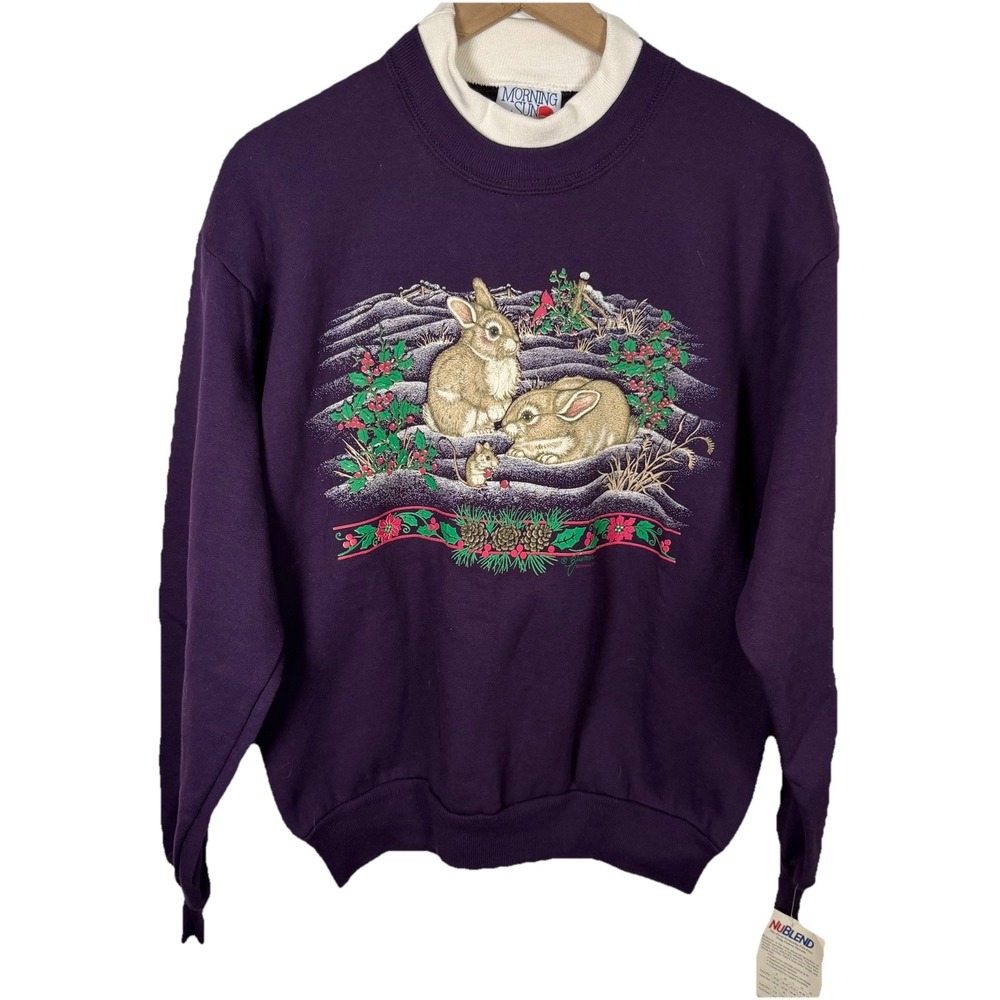 Vintage Morning Sun Bunny Rabbit Sweatshirt NWT USA Jerzees Purple M Mock Neck
